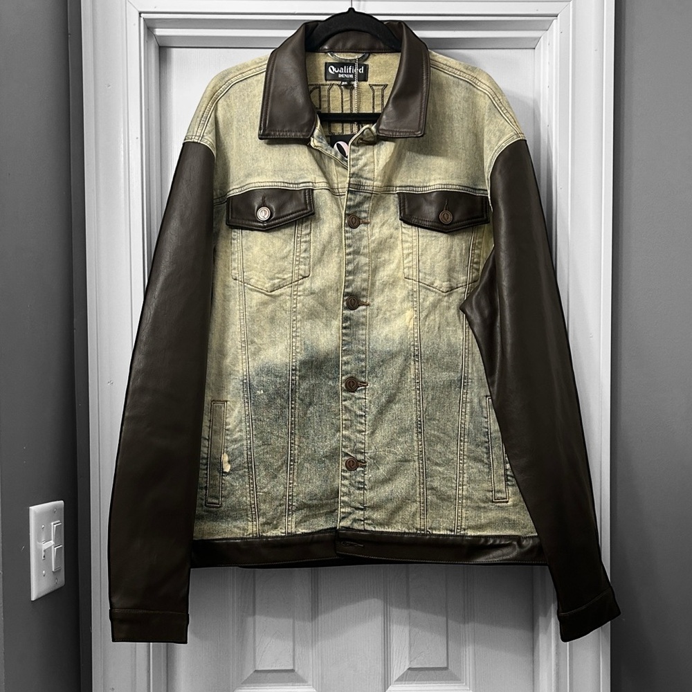 New! Qualified Denim Jacket w/Faux Leather Sleeves QDJ230135 - Light